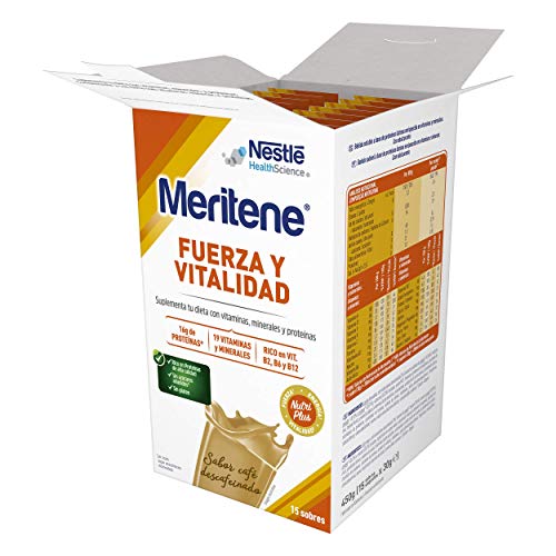 Meritene® FUERZA Y VITALIDAD - Suplementa tu nutrición y mantén tu sistema inmune con vitaminas, minerales y proteínas - Batido de Café descafeinado - Estuche (15 sobres de 30g)