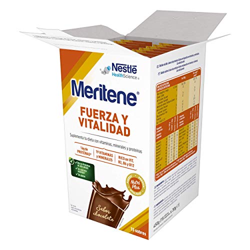 Meritene® FUERZA Y VITALIDAD - Suplementa tu nutrición y mantén tu sistema inmune con vitaminas, minerales y proteínas - Batido de Chocolate - Estuche (15 sobres de 30g)