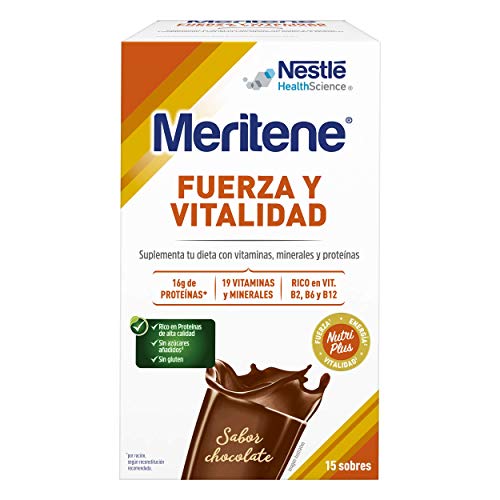 Meritene® FUERZA Y VITALIDAD - Suplementa tu nutrición y mantén tu sistema inmune con vitaminas, minerales y proteínas - Batido de Chocolate - Estuche (15 sobres de 30g)