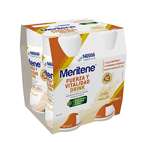 Meritene®Fuerza y Vitalidad Drink - Listo para tomar - Vainilla - 4 unidades de 125ml - Suplementa tu nutrición y refuerza tu sistema inmune con vitaminas, minerales y proteínas