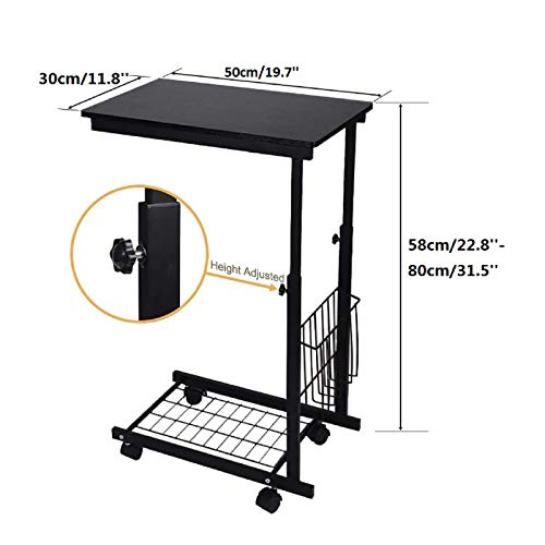 Mesa auxiliar de altura regulable, mesa portátil con ruedas, mesa para portátil en forma de C, mesa pequeña de café, mesa de café con cesta, mesa auxiliar móvil, estructura de metal, 50 x 30 cm