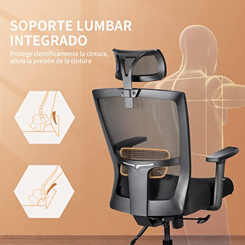 mfavour Silla de Oficina, Silla de Escritorio ergonómica de Malla con Soporte Lumbar, Reposacabezas Ajustable, Reposabrazos, Respaldo, Silla Ergonomica Giratoria Ejecutiva para computadora, Negro