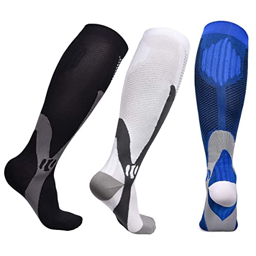 Miavogo 3 Par de Medias de Compresión para Hombre, Medias de Soporte Con Elástico, Calcetines de Compresión Hombres, Adecuado para Deportes, Viajes, Fitness（2XL/3XL)