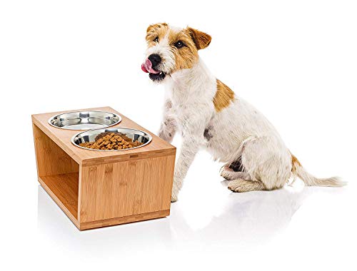 Migosset Comedero para Mascotas - Soporte Elevado de Bambu para Perros Medianos y Grandes - Alimentador de Madera - 4 Tazones de Acero Inoxidable: 4X 1650 ml – 44x 23 x 18 - Mediano