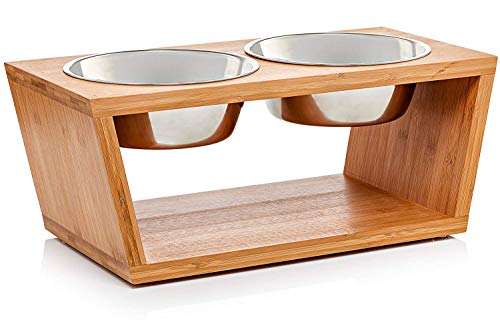 Migosset Comedero para Mascotas - Soporte Elevado de Bambu para Perros Medianos y Grandes - Alimentador de Madera - 4 Tazones de Acero Inoxidable: 4X 1650 ml – 44x 23 x 18 - Mediano