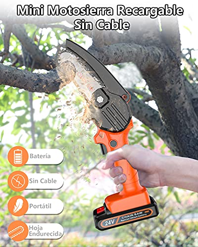 Mini Motosierra Eléctrica Bateria, Sierra Electrica de Mano a Batería de 4"/10cm con Bloqueo de Seguridad, Cadena Motosierra de Mano para Cortar Madera, Jardinería y Podar (Incluye 2 Pilas, 3 Cadenas)