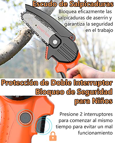 Mini Motosierra Eléctrica Bateria, Sierra Electrica de Mano a Batería de 4"/10cm con Bloqueo de Seguridad, Cadena Motosierra de Mano para Cortar Madera, Jardinería y Podar (Incluye 2 Pilas, 3 Cadenas)