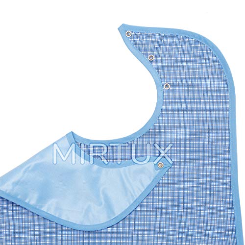 MIRTUX Conjunto pack de 2 baberos de adulto. Impermeables, lavables y reutilizables. Calidad top, muy resistente y con diseño cierre clip con 3 posiciones. Tamaño: 45 x 90 cm.