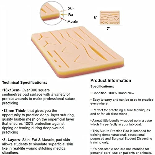 MJW-Almohadilla de sutura, grande de 3 capas con 14 heridas para practicar sutura,De Sutura De Piel, De Silicona Duradera, No se separa, rasga o rompe fácilmente, Completo para Estudiantes De Medicina