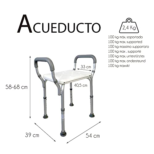 Mobiclinic, Acueducto, Silla/Taburete de baño y Ducha, ortopédica, Aluminio, PVC, Altura Regulable, Ayuda para baño para Ancianos y discapacitados, ergonómico, reposabrazos, conteras Antideslizantes