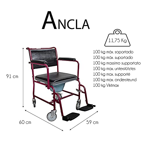 Mobiclinic, Ancla, Silla de ruedas con Inodoro, Marca Española, para minusválidos, discapacitados, ancianos, Plegable, Reposabrazos y Reposapiés, Asiento Ergonómico, Conteras antideslizantes, Burdeos