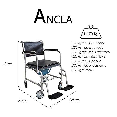 Mobiclinic, Ancla, Silla de WC con ruedas, Silla de inodoro para minusválidos, Silla de ruedas con inodoro, discapacitados, ancianos, Plegable, Reposabrazos, Asiento ergonómico, Gris