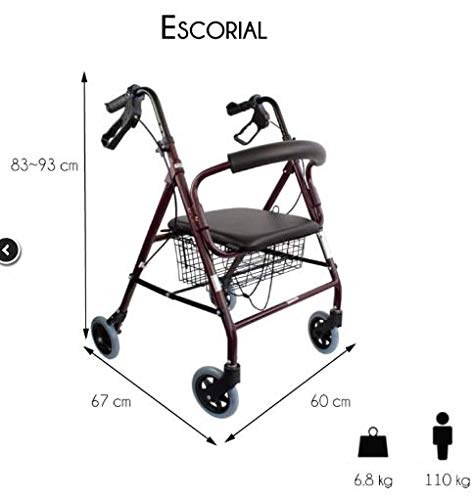 Mobiclinic, Andador para ancianos, Modelo Escorial, Marca española, Plegable, Frenos manuales y bloqueables, Aluminio, Con cesta, Ligero y resistente, Con asiento y 4 ruedas, Color Burdeos