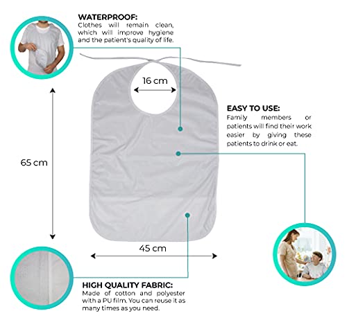 Mobiclinic, Babero para adultos, para ancianos, Marca Española, Protector de ropa, Delantal, Impermeable, Reutilizable, Lavable, con Bolsillo, Talla Única, color Blanco, 65 x 45 cm