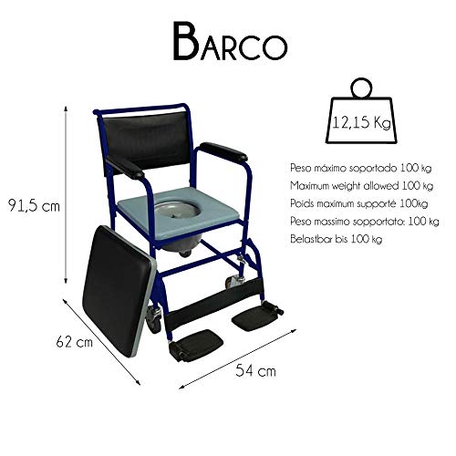 Mobiclinic, Barco, Silla con WC o inodoro para ancianos, discapacitados, minusválidos, Silla orinal con ruedas, Plegable, Reposabrazos, Asiento ergonómico, Conteras antideslizates, color Azul