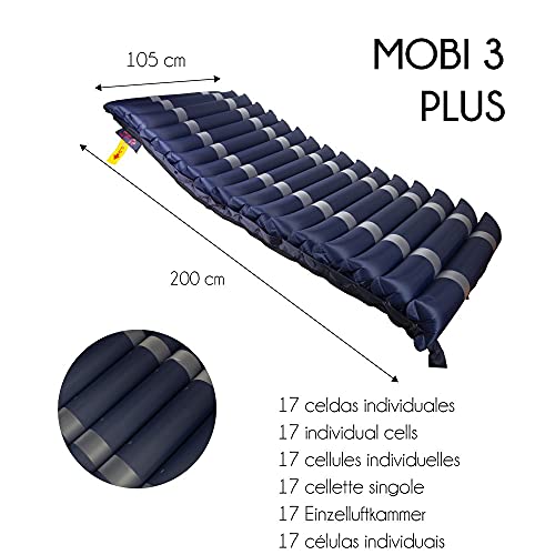 Mobiclinic, Colchón antiescaras de aire alternante Mobi 3 Plus, Único 105 cm de Ancho, Compresor silencioso, 17 celdas de aire, Para escaras de Grado I, II y III, Azul, 200 * 105 * 12,8