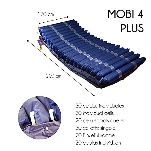 Mobiclinic, Colchón antiescaras de aire alternante Mobi 4 Plus, Único 120 cm de ancho, Compresor silencioso, 20 celdas de aire, Para escaras de Grado I, II, III y IV, Azul, 200 * 120 * 22