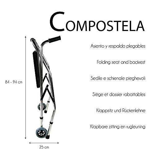 Mobiclinic, Compostela, Andador para Ancianos con Dos Ruedas, Marca Española, Andador Plegable para adultos, andador con asiento, Aluminio, Altura Regulable, Plata/Negro