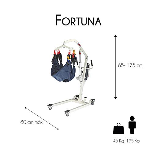 Mobiclinic, Grúa eléctrica, Fortuna, Marca Española, Soporta 135 kg, Arnés de Transferencia Incluido, Para Minusválidos, Personas Mayores, Estable, Acero, Segura, Ortopédica, Plegable, Fácil de Usar