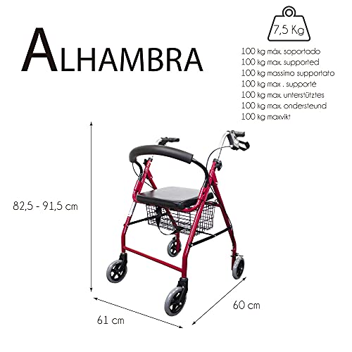 Mobiclinic, Marca Española, Modelo Alhambra, Andador para mayores, minusválidos, adultos o ancianos, de aluminio, ligero, plegable, con asiento y 4 ruedas, Color Frambuesa