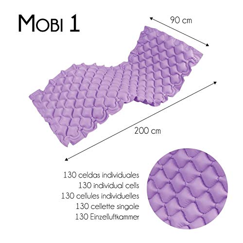 Mobiclinic, Mobi 1, Colchón antiescaras de aire alternante, con motor compresor, PVC médico ignífugo, 200 x 90 x 7 cm, 130 celdas, escaras de grado 1, color Lila