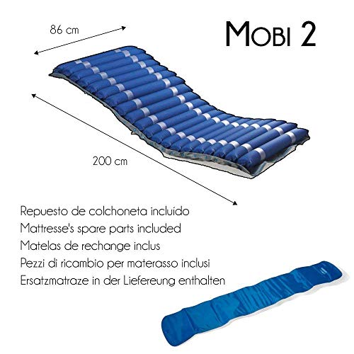 Mobiclinic, Mobi 2, Colchón antiescaras con motor compresor, para escaras grado I y II, de aire alternante, Nylon y PVC médico ignífugo, 200 x 86 x 9.5, 20 celdas, color Azul