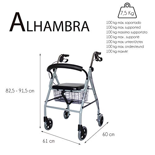 Mobiclinic, Modelo Alhambra, Rollator de 4 ruedas, Andador para minusválidos, mayores, adultos o ancianos, ayuda para caminar, aluminio, ligero, plegable, con asiento y 4 ruedas, gris