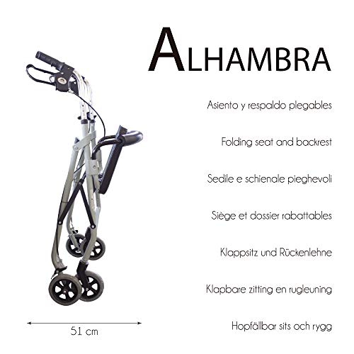 Mobiclinic, Modelo Alhambra, Rollator de 4 ruedas, Andador para minusválidos, mayores, adultos o ancianos, ayuda para caminar, aluminio, ligero, plegable, con asiento y 4 ruedas, gris