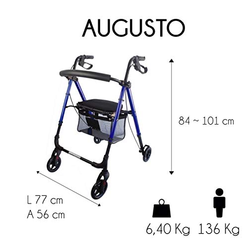 Mobiclinic, Modelo Augusto, Andador para adultos, Marca Española, para minusválidos, mayores o ancianos, de aluminio, ligero, plegable, con asiento y 4 ruedas, Color Azul