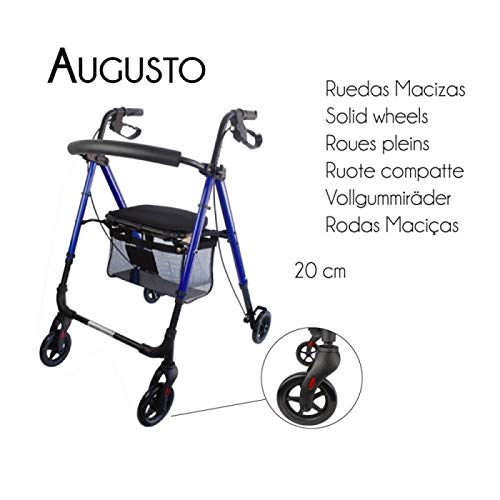 Mobiclinic, Modelo Augusto, Andador para adultos, Marca Española, para minusválidos, mayores o ancianos, de aluminio, ligero, plegable, con asiento y 4 ruedas, Color Azul