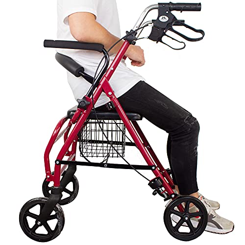 Mobiclinic, Modelo Colón, Andador para minusválidos, Ancianos, Adultos o Mayores, de Aluminio, Ligero, Plegable, con asiento y 4 ruedas, Frenos en manetas, Color Burdeos