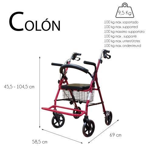 Mobiclinic, Modelo Colón, Andador para minusválidos, Ancianos, Adultos o Mayores, de Aluminio, Ligero, Plegable, con asiento y 4 ruedas, Frenos en manetas, Color Burdeos