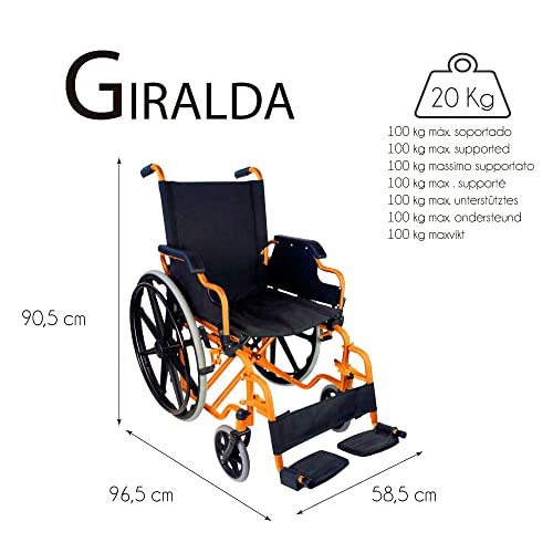 Mobiclinic, modelo Giralda, Silla de ruedas para minusválidos, premium, plegable, ortopédica, reposapiés, reposabrazos, color Naranja, asiento 43 cm, ultraligera