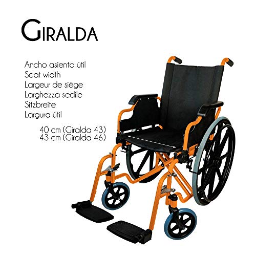 Mobiclinic, modelo Giralda, Silla de ruedas para minusválidos, premium, plegable, ortopédica, reposapiés, reposabrazos, color Naranja, asiento 43 cm, ultraligera