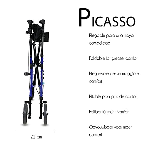 Mobiclinic, Modelo Picasso, Andador para mayores, minusválidos, adultos o ancianos, rollator, caminador, andador, aluminio, ligero, plegable, con asiento y 4 ruedas, azul