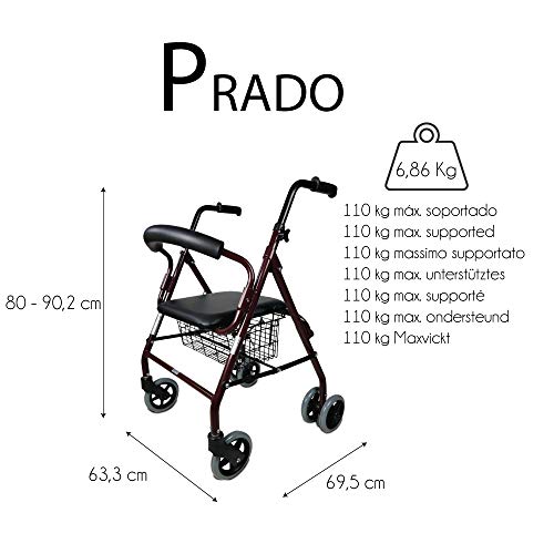 Mobiclinic, Modelo Prado, Andador para minusválidos, ancianos, Rollator, de aluminio, ligero, plegable, frenos por presión, con asiento, cesta y 4 ruedas, Color Burdeos