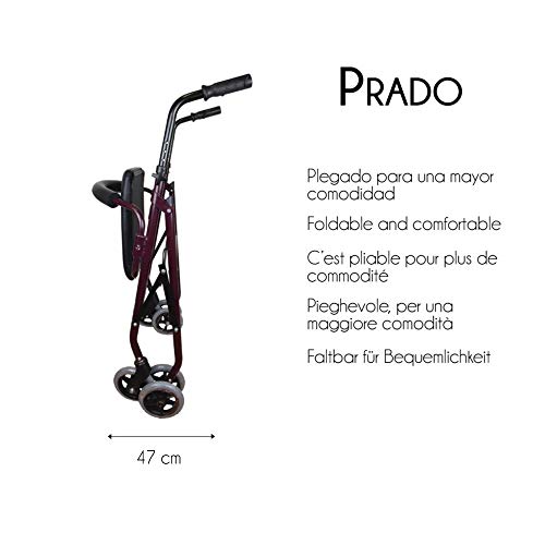 Mobiclinic, Modelo Prado, Andador para minusválidos, ancianos, Rollator, de aluminio, ligero, plegable, frenos por presión, con asiento, cesta y 4 ruedas, Color Burdeos