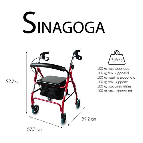 Mobiclinic, Modelo Sinagoga, Rollator con 4 ruedas, Andador para adultos, mayores, minusválidos o ancianos, andador caminador de aluminio, ayuda para caminar, ligero, plegable, con asiento, Rojo