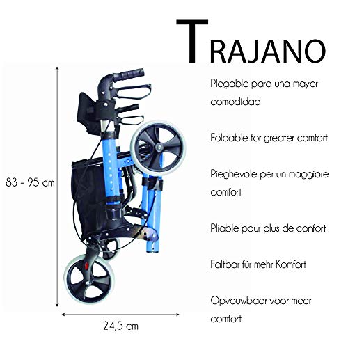 Mobiclinic, Modelo Trajano, Andador Rollator de 4 ruedas, Marca Española, Andador Caminador, Andador para adultos, minusválidos, de Aluminio, Ligero, Plegable, con Asiento y Bolsa, Color Celeste