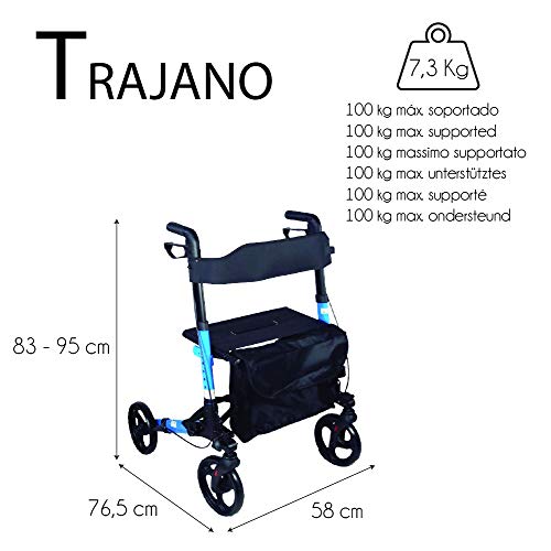 Mobiclinic, Modelo Trajano, Andador Rollator de 4 ruedas, Marca Española, Andador Caminador, Andador para adultos, minusválidos, de Aluminio, Ligero, Plegable, con Asiento y Bolsa, Color Celeste