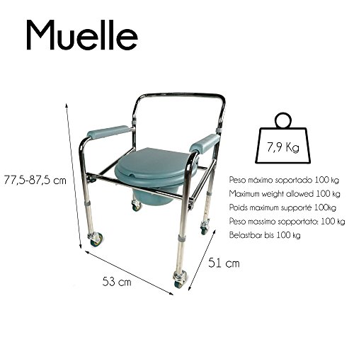 Mobiclinic, Muelle, Silla con WC, Silla inodoro para minusválidos, ancianos y discapacitados con ruedas, Silla orinal plegable, Reposabrazos, Asiento ergonómico, Conteras antideslizantes