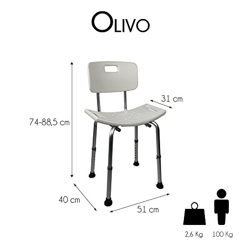 Mobiclinic, Olivo, Silla de Ducha para Mayores, Ortopédica, Taburete de Ducha para Ancianos, Altura Regulable, Silla de baño con Respaldo, Conteras Antideslizantes