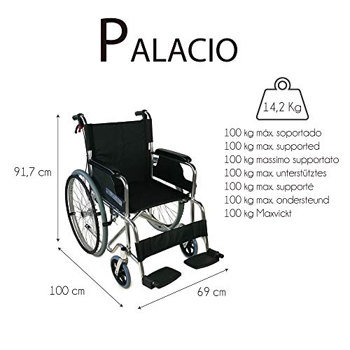 Mobiclinic, Palacio, Silla de ruedas plegable, ortopédica, autopropulsable para ancianos y minusválidos, aluminio, freno en manetas, reposapiés y reposabrazos extraíbles, asiento, ultraligera, negro