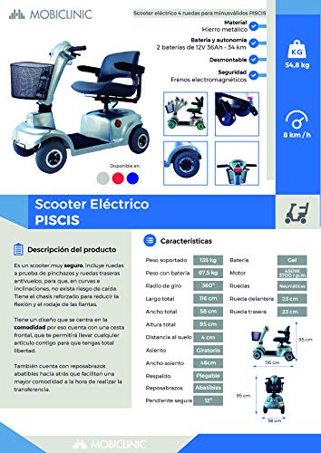 Mobiclinic, Piscis, Scooter eléctrico personas con movilidad reducida, adultos, minusválidos, discapacitados, 4 ruedas, Desmontable, Manillar plegable, asiento giratorio, Auton. 30 km, 12V, Gris