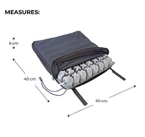 Mobiclinic Q-AIR, Cojín antiescaras de aire, para silla de ruedas, Prevención de llagas en la piel, Se adapta al cuerpo, Facilita la circulación sanguínea, 1 válvula, 40x40x6 cm