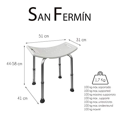 Mobiclinic, San Fermín, Silla o taburete de baño, de ducha, ortopédica, aluminio, altura regulable, respaldo, reposabrazos, conteras antideslizantes