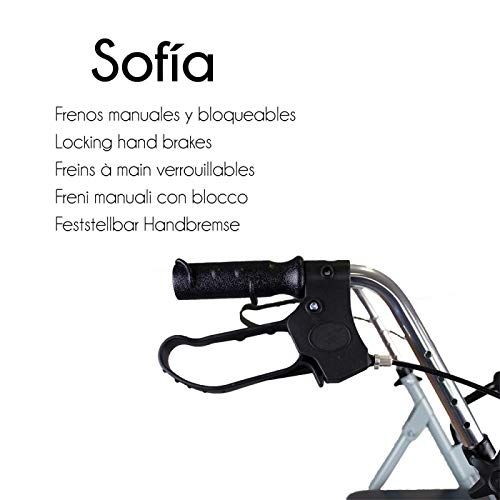 Mobiclinic, Sofía, Rollator con 4 ruedas, andador para ancianos y minusválidos, ayuda para caminar, andador caminador, aluminio, ligero, plegable, cesta de tela, freno en manetas, asiento, Gris