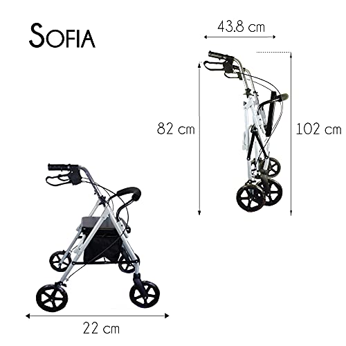 Mobiclinic, Sofía, Rollator con 4 ruedas, andador para ancianos y minusválidos, ayuda para caminar, andador caminador, aluminio, ligero, plegable, cesta de tela, freno en manetas, asiento, Gris