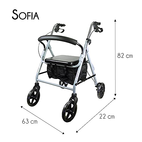 Mobiclinic, Sofía, Rollator con 4 ruedas, andador para ancianos y minusválidos, ayuda para caminar, andador caminador, aluminio, ligero, plegable, cesta de tela, freno en manetas, asiento, Gris