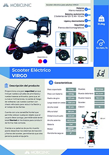 Mobiclinic, Virgo, Scooter eléctrico adultos, personas con movilidad reducida, minusválidos, discapacitados, 4 ruedas, Desmontable, Manillar plegable, Auton. 10 km, 12V, Rojo